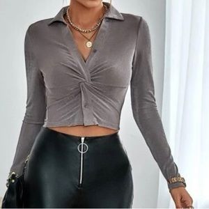 Grey/olive long sleeve button up Crop Top